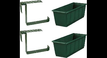 Set van 2 kunststof plantenbakken donkergroen rechthoekig 40 cm met 4 verstelbare railing beugels