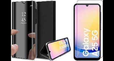 Hoesje geschikt voor Samsung Galaxy A25 / A24 - Screenprotector Glas - Spiegel Book Case Zwart