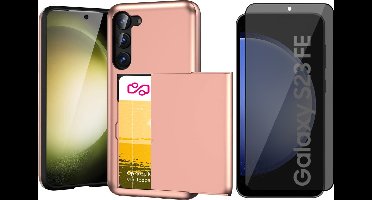 Hoesje met Pasjeshouder geschikt voor Samsung Galaxy S23 FE - Privacy Screen Protector FullGuard - Back Cover SlideCase Roségoud & Screenprotector