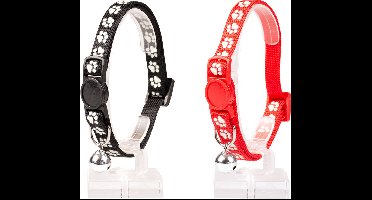 Duvoplus - Halsband Voor Dieren - Kat - Kattenhalsband Pootjes Nylon 20-30cm / 10mm Zwart/rood - 1st