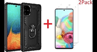 Hoesje Geschikt Voor Samsung Galaxy A71 Armor Hoesje Ringhouder TPU + 2x Glazen Screen protector - Zwart