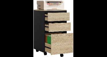 Mobiele Ladeblok - Nachtkastje - Salon - Bijzet - Kantoor - 40x70x40 cm – Houten Archiefkast – Industriële Opberg - 3 Lades - met Wielen – Thuisgebruik - Donker Eiken Zwart