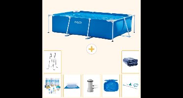 Intex Rechthoekig Frame Zwembad - 300 x 200 x 75 cm - Blauw - Inclusief Onderhoudspakket - Grondzeil - Zwembadfilterpomp - Voetenbad - Ladder - Schoonmaakset - Solarzeil - 8-delig