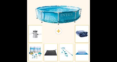 Intex Rond Frame Zwembad - 305 x 76 cm - Waterprint - Inclusief Onderhoudspakket - Solar Mat - Schoonmaakset - Grondzeil - Zwembadfilterpomp - Solarzeil - 7-delig