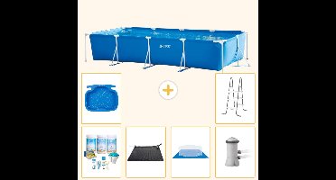 Intex Rechthoekig Frame Zwembad - 450 x 220 x 84 cm - Blauw - Inclusief Onderhoudspakket - Solar Mat - Grondzeil - Zwembadfilterpomp - Voetenbad - Ladder - 7-delig
