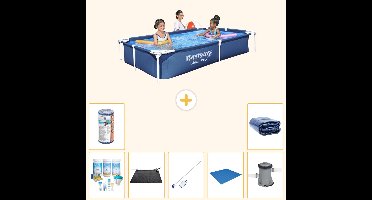 Bestway Rechthoekig Steel Pro Zwembad - 221 x 150 x 43 cm - Blauw - Inclusief Onderhoudspakket - Solar Mat - Schoonmaakset - Grondzeil - Filter - Zwembadfilterpomp - Solarzeil - 8-delig