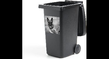 Container sticker Mechelse herder die de bal met haar poot beet houdt - zwart wit - 40x40 cm - Kliko sticker