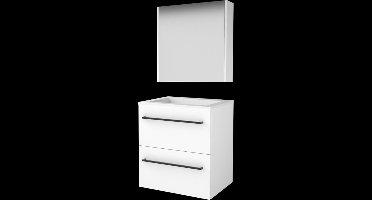 Basic Comfort 46 badmeubelset met spiegelkast, wastafelonderkast met grepen, 2 lades en acryl wastafel zonder kraangaten 60 x 46 cm, ice white