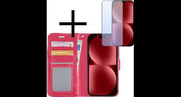 Hoesje - Met Screenprotector - Geschikt voor Apple iPhone 15 Pro - Luxe Pasjeshouder - Bookcase Portemonee - Flip Case - Kunstleer Book Case - Flipcase - Book Cover - Walletcase - Portemonneehoes - Donkerroze