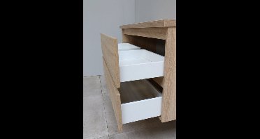Basic Bella Badkamermeubelset - 100x55x46cm - 1 wasbak - Acryl - Wit - 1 kraangat - Wandspiegel zonder verlichting - MDF Eiken