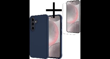 Hoesje - Met Screenprotector - Geschikt voor Samsung Galaxy S24 - Sterk & Shockproof - Back Cover - Siliconen Case - Telefoon Hoes - Donkerblauw