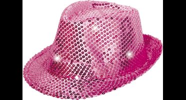 Pailletten feest hoedje fuchsia roze met LED lichtjes - Carnaval verkleed hoeden