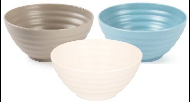 Plasticforte onbreekbaar servies kommetjes - schaaltjes - 12x stuks - blauw/wit/taupe - kunststof - 14 x 6.5 cm - Camping - Keuken