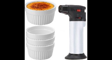 11-Delige creme brulee set met witte schaaltjes en een zilveren brander