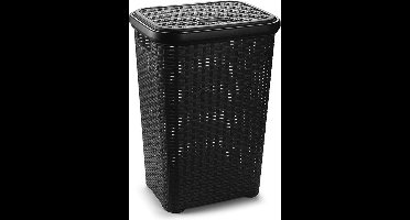 PlasticForte Wasmand met deksel - 1x - 60 liter - zwart - rotan - kunststof - L35 x B43 x H62 cm