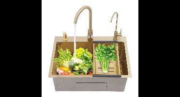 Enkele Spoelbak – Keukenspoelbak – Inbouwspoelbak – Onderbouwspoelbak – RVS Goudkleurig – 60x45 cm – Inclusief 2 Kraan Gaten, Zeepdispenser en Afloopmandje