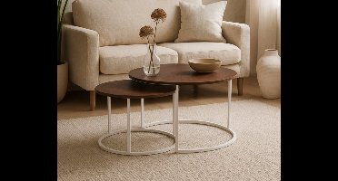 Salontafel Barbados rond set van 2 mangohout - walnoot - beige frame - 65x65x42 cm & 50x50x35 cm