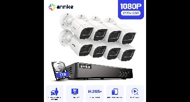 Beveiligingscameraset 8-kanaals – CCTV camera’s – Bewakingscamera systeem – HD cameraset – Video bewaking – AI slimme detectie – 1080P Full HD Nachtzicht tot 19,8m – H.265+ langdurige opslag – 1TB HDD