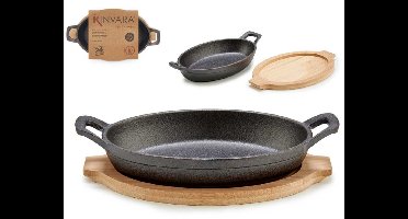 Small Ovaal Gietijzeren Pan met Bamboe Plateau - 22,5 cm - Voor Oven en Kookplaat - Barbecue Pan - Iron Cast