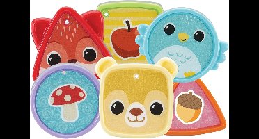 Speel kiekeboe met de egel en druk op de toetsen om kennis te maken met vormen, kleuren, dieren en muziek. Plaats de vormblokjes in het huisje en haal ze er weer uit door de elastische bandjes te bewegen.