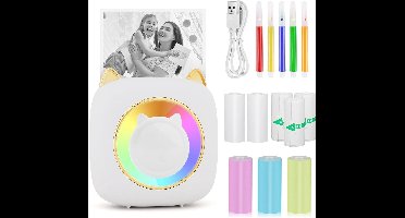 GuKKK Mini-printer, mobiele fotoprinter, draagbare mini-fotoprinter met zeven kleuren led, draadloze fotoprint, thermische printer, smartphone bluetooth-printer, voor leerhulp, studienotities, dagboek