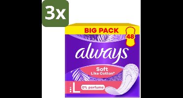 3 x Always – Inlegkruisjes – Soft Like Cotton Long 0% Parfum – 48 Inlegkruisjes - Inlegkruisjes - Always Soft Like Cotton - 0% Parfum - Katoenzacht - Vrouwelijke Hygiëne