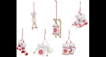 G. Wurm Kersthangers - 6x - hout - wit/rood - 6-10 cm - kerstboomversiering