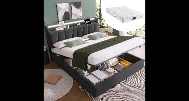 Tweepersoonsbed 160x200cm - 720 Pocketveren Matras H3 - RGBW LED App-gestuurd - USB & EU Stopcontacten - Opberghoofdbord - Stevig Metaal Frame - OEKO-TEX Certificeerd