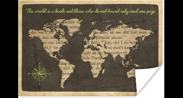 Poster Wereldkaart - Quote - Boek - 30x20 cm