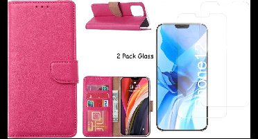 Hoesje Geschikt voor iPhone 12 Mini hoesje - bookcase / wallet cover portemonnee Bookcase Pink + 2x tempered glass / Screenprotector