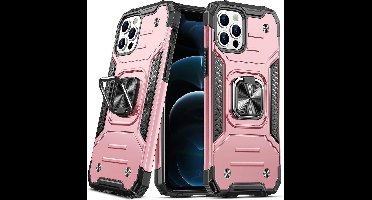 Hoesje Geschikt voor iPhone 12 Mini - Heavy Duty Armor hoesje Met Kickstand ringhouder – Rosegoud