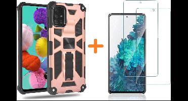 Hoesje Geschikt Voor Samsung Galaxy A51 Hoesje Military Grade Invisible Built-in Kickstand - Galaxy A51 Metal Plate, Anti-Scratch Shockproof Rose Goud - Screenprotector Galaxy A51-2 Pack