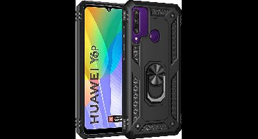 Hoesje Geschikt voor Huawei Y6p Hoesje - Anti-Shock Hybride Ring Armor met Kickstand - Zwart
