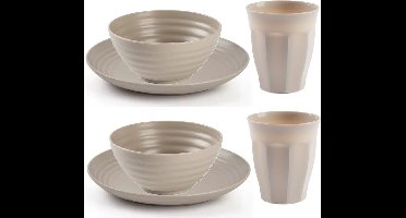 Plasticforte Camping Servies set - kunststof - beige - 8x borden/8x drinkbekers/8x kommetjes - onbreekbaar