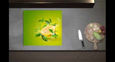 Inductieplaat Beschermer - Citroen en Groene Bladeren tegen Lichtgroene Achtergrond - 60x55 cm - 2 mm Dik - Inductie Beschermer - Bescherming Inductiekookplaat - Kookplaat Beschermer van Wit Vinyl