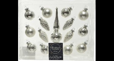 Decoris Mini kerstballen - 3 cm - met piek - 15 - zilver - glas - kerstversiering