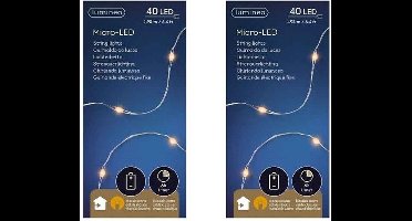 Lumineo draadverlichting lichtsnoer - 2x - zilver - 40 led lampjes - warm wit - 195 cm - timer - kerstverlichting - op batterijen - zilverdraad