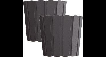 Set van 2x stuks wood-look plantenpot/bloempot kunststof dia 20 cm/hoogte 18 cm antraciet voor binnen/buiten