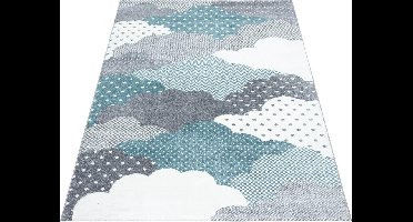 Kinderkleed, wolkenmotief, blauw, kinderkamerkleed, jute achterkant, afmeting: 120 cm x 170 cm