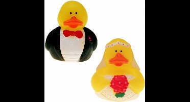 10x stuks bruid en bruidegom badeendjes van 5 cm - Beide types 5x stuks. Bruiloft feestartikelen/decoraties.