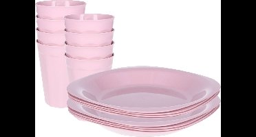 Plasticforte Verjaardag/kinder/camping borden/beker set - 16x stuks - lichtroze - kunststof - onbreekbaar