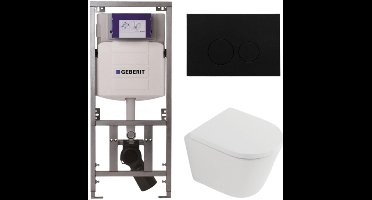 QeramiQ Dely Toiletset - 36.3x51.7cm - diepspoel - rimless - Geberit UP320 inbouwreservoir - softclose toilet zitting 35 mm - kunststof mat zwarte bedieningsplaat - ronde knoppen - mat wit