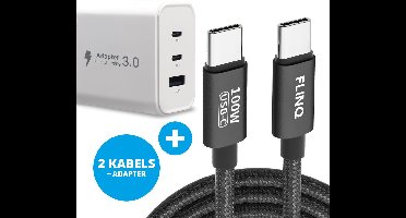 FlinQ 2x USB C naar USB C Oplaadkabels 100W + Adapter 65W - Snellader voor Telefoon, Laptop & Tablet - Zowel Datakabel als Oplader - 2 Meter Lange Nylon Oplaadkabel