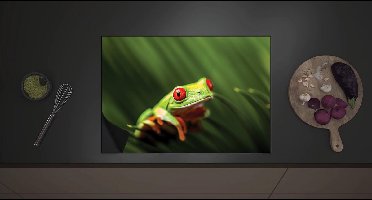 Inductieplaat Beschermer - Exotische Groene Kikker in het Regenwoud - 70x52 cm - 2 mm Dik - Inductie Beschermer met zwarte kern
