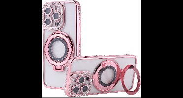 Hoesje Geschikt voor iPhone 16 Magsafe hoesje Rose Goud - Lens beschermer ring Luxury Bling Sparkly Diamond backcover