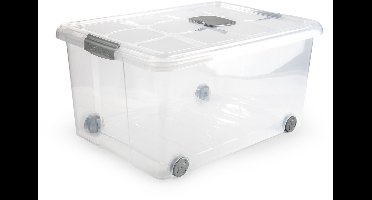 Plasticforte Opslagbox - 1x stuks - met deksel - 57L - 62 x 45 x 32 cm - transparant - opbergbak - met wielen