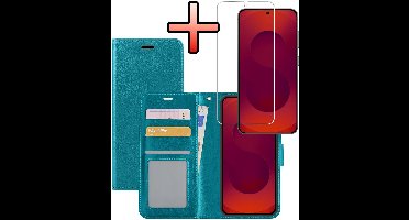 Hoesje - Met Screenprotector - Geschikt voor Samsung Galaxy S25 Edge - Luxe Pasjeshouder - Bookcase Portemonee - Flip Case - Kunstleer Book Case - Flipcase - Book Cover - Walletcase - Portemonneehoes - Turquoise