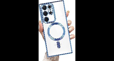 Hoesje Geschikt Voor Samsung Galaxy S23 Ultra hoesje Magnetisch Met Lens beschermer Transparant / Blauw – Magneet hoesje