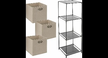 Kastmandjes/opberg manden - taupe - 3x stuks van 29 Liter - In metalen rekje van 34 x 98 cm