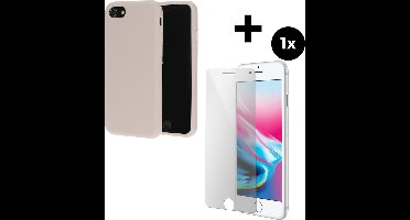 Mobiparts Silicone Cover hoesje geschikt voor Apple iPhone 7 met 1 Screenprotector van Gehard Glas - Roze/Beige